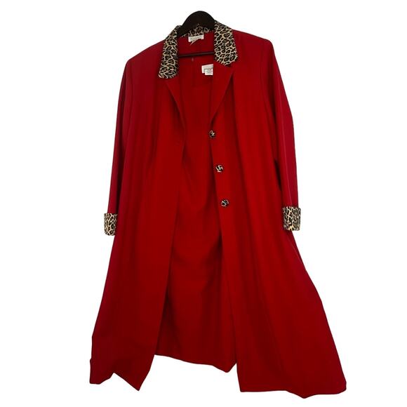 Vintage Roamans Two Piece Red Suit Leopard Trim Sz B4 Sheath Dress Long Jacket - Picture 6 of 7